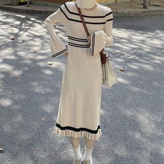 Flared-cuff Striped Knit Dress