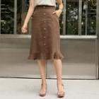 Button-detail Frilled-hem Linen Blend Skirt