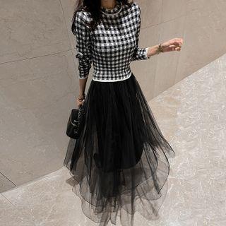 Mesh-panel Gingham Maxi Knit Dress