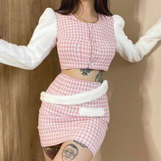 Set: Puff-sleeve Houndstooth Blouse + Pencil Skirt