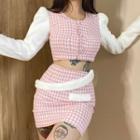 Set: Puff-sleeve Houndstooth Blouse + Pencil Skirt