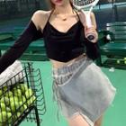 Halter Camisole Top + Long Sleeve Plain Shrug / Lace-up Skort