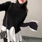 Mock-two Color-block Long-sleeve Knit Top Black - One Size