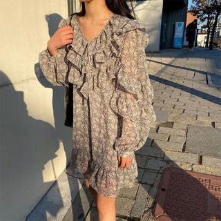 Long-sleeve Ruffle Floral Print Mini A-line Dress Gray - One Size