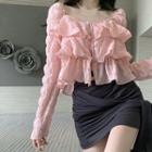 Long-sleeve Tiered Frill Trim Blouse