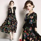 Elbow-sleeve Frill Trim Floral A-line Midi Dress