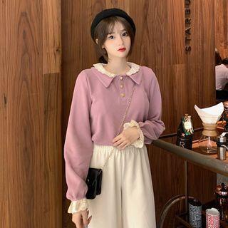 Lace Trim Collared Knit Blouse