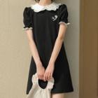 Short-sleeve Frill Trim Collar Mini A-line Dress Black - One Size