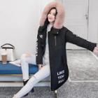 Furry-trim Hooded Lettering Padded Coat
