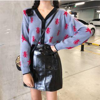 Spider Cardigan / Faux Leather A-line Skirt