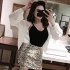 Set: Knitted Camisole Top + Sequined Mini Skirt + Open Front Light Jacket