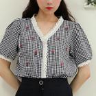 Lace-trim Embroidered Gingham Blouse