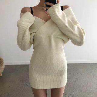 V-neck Ribbed Mini Sweater Dress