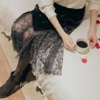 Lace-hem Long Velvet Skirt