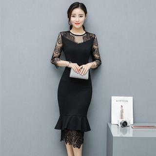 Long-sleeve Lace-panel Ruffled Dress