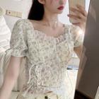 Short-sleeve Floral Print Lace Cropped Top White - One Size