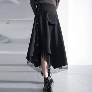 Asymmetrical Mesh Panel Midi A-line Skirt