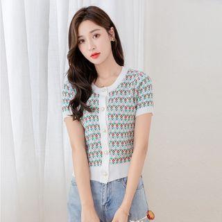 Floral Patterned Short Sleeve Knit T-shirt White - One Size