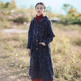 Floral Hooded Single Breasted Padded Coat Dark Blue - One Size