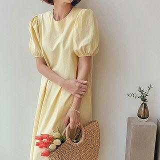 Puff-sleeve Boxy-pleat Long Flare Dress