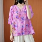 Floral Frog-button Elbow-sleeve Blouse