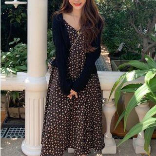Spaghetti-strap Floral Print Dress / Rib Knit Cardigan