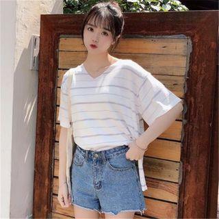 Striped Short-sleeve V-neck Knit Top