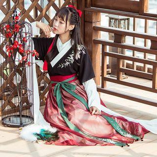 Long-sleeve Asymmetric Top + Midi Skirt/short-sleeve Embroidery Top