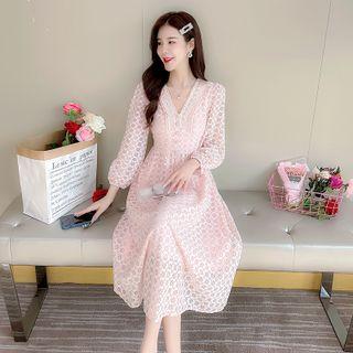 Long-sleeve V-neck Flower Lace A-line Dress
