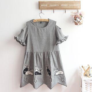 Cat Applique Cutout Shoulder A-line Dress
