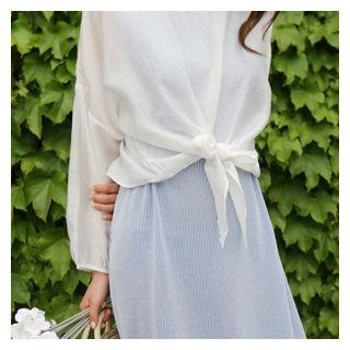 Puff-sleeve Tie-front Top White - One Size