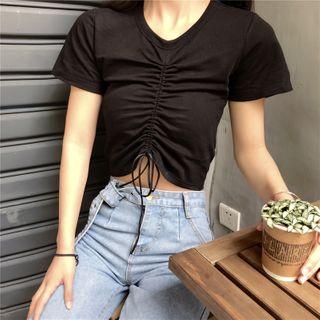 Drawstring Short-sleeve Plain T-shirt