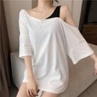 Loose-fit Plain Long T-shirt White - One Size