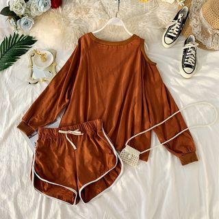 Set: Long-sleeve Asymmetric Cold Shoulder T-shirt + Sweatshorts