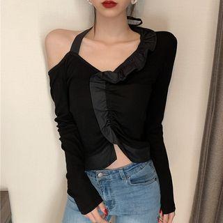 Long-sleeve Asymmetric Shoulder Ruffled Top