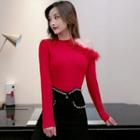 Furry Trim Asymmetric Cold-shoulder T-shirt