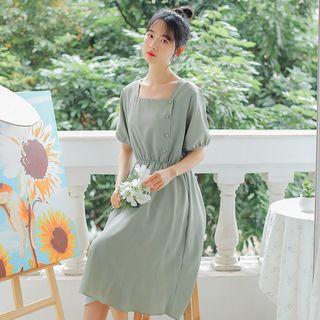 Elbow-sleeve Square Neck A-line Midi Dress