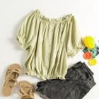 Short-sleeve Frilled Top Light Green - One Size