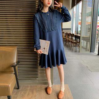 Lace Panel Midi A-line Sweatshirt Dress