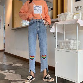 Heart Embroidered Crop Jeans