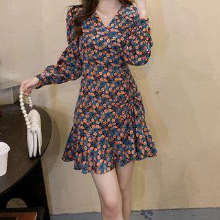 Long-sleeve V-neck Floral Printed Mini Dress