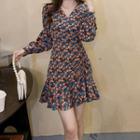 Long-sleeve V-neck Floral Printed Mini Dress