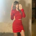 Set: Long-sleeve Fluffy Collar Button-up Knit Top + Mini Fitted Skirt