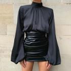 Puff-sleeve Mock-neck Blouse / Mini Pencil Skirt