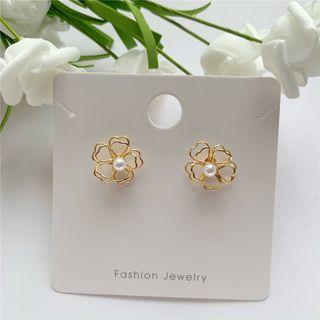 Flower Alloy Faux Pearl Earring 1 Pair - 124 - S925 Sterling Silver Stud Earrings - Gold - One Size