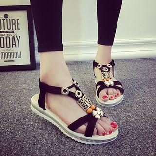 Faux-suede Beaded Flat Sandals