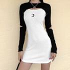 Set: Cut-out Long-sleeve Crop Top + Moon Embroidered Spaghetti Strap Mini Sheath Dress Black - One Size