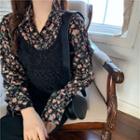 Long-sleeve Floral Print Shirt / Crocheted Knit Vest