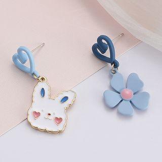 Asymmetrical Rabbit & Flower Drop Earring / Clip-on Earring
