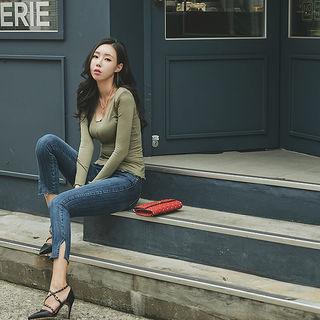Fray-edge Padded-shoulder T-shirt